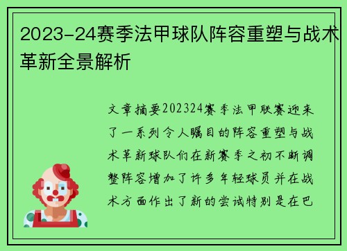 2023-24赛季法甲球队阵容重塑与战术革新全景解析