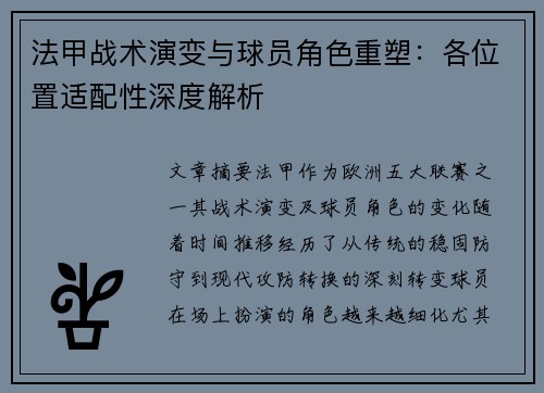 法甲战术演变与球员角色重塑：各位置适配性深度解析