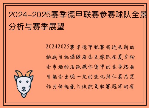 2024-2025赛季德甲联赛参赛球队全景分析与赛季展望